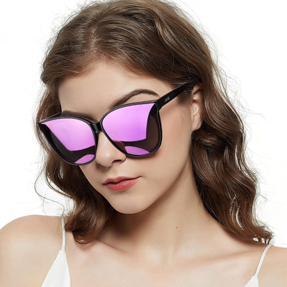 Women's A24 Black Frame Violet Mirrored Lens Stylish Cat Eyes Sunglasses